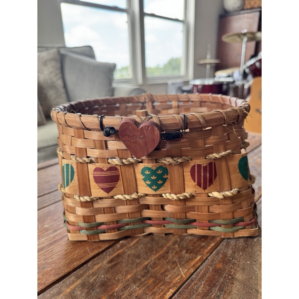 Vintage Heart Basket 90s 80s Storage Wood Woven Cottage Grandma Granny Core Cute